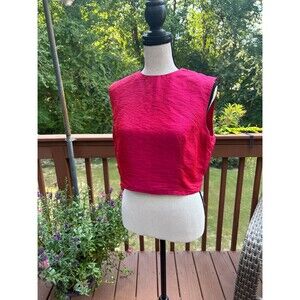VTG Dosa Silk Crinkle Top: Fuchsia Cropped Blouse, Mother of Pearl Buttons, M
